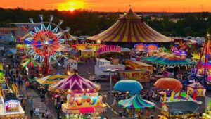 Birds eye view of Eastern Michigan State Fair in Imlay City at sunset