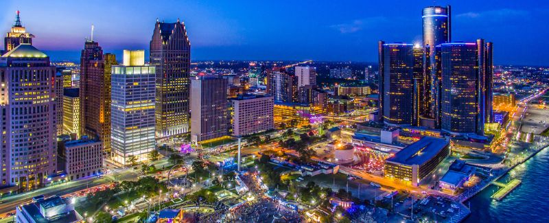 Aerial view of Downtown Detroit at night