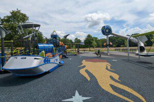 Photo of the space themed playscape in the Lower Huron Metropark. 